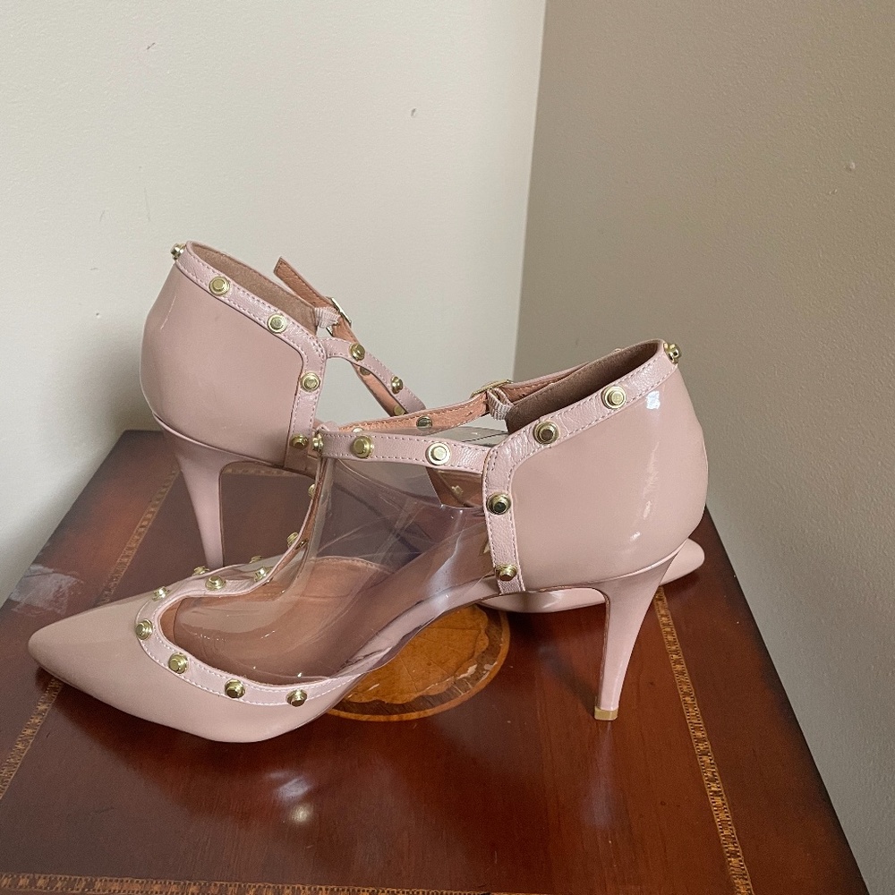 Halogen T-Strap Studded Beige Patent Heels